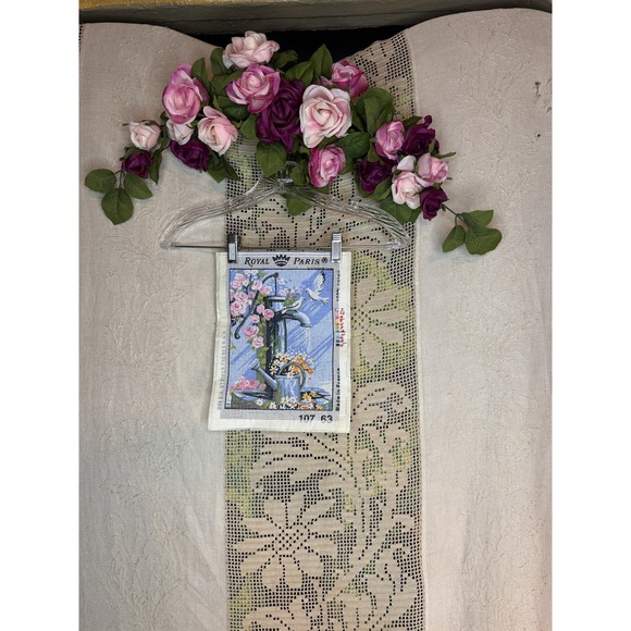 Vintage Royal Paris Needlepoint Canvas France Watering Can Flowers Birds Art Dec - Picture 1 of 5